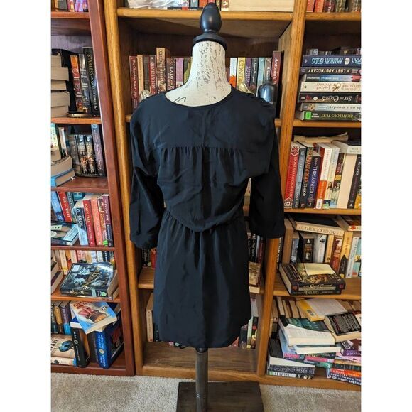 Amanda uprichard black silk button front dress elastic waist 3/4 sleeve sz s euc - Picture 2 of 6